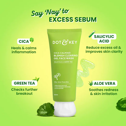 Dot & Key Cica Calming Blemish Clearing Gel Face Wash, Salicylic & Green Tea - 100ml