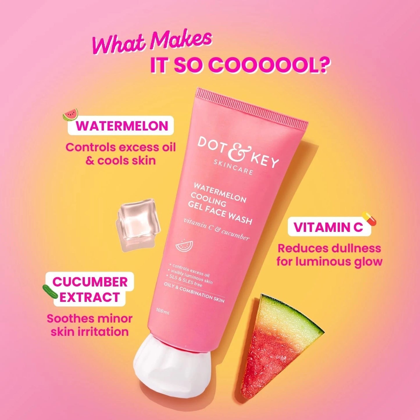 Dot & Key Watermelon Cooling Gel Face Wash, Vitamin C & Cucumber -100ml