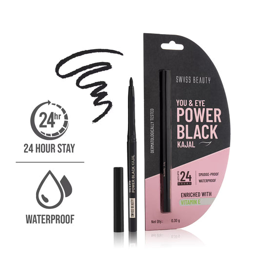 Swiss Beauty You & Eye Power 24Hr Stay Waterproof & Smudge-Proof Kajal with Vitamin E – Black
